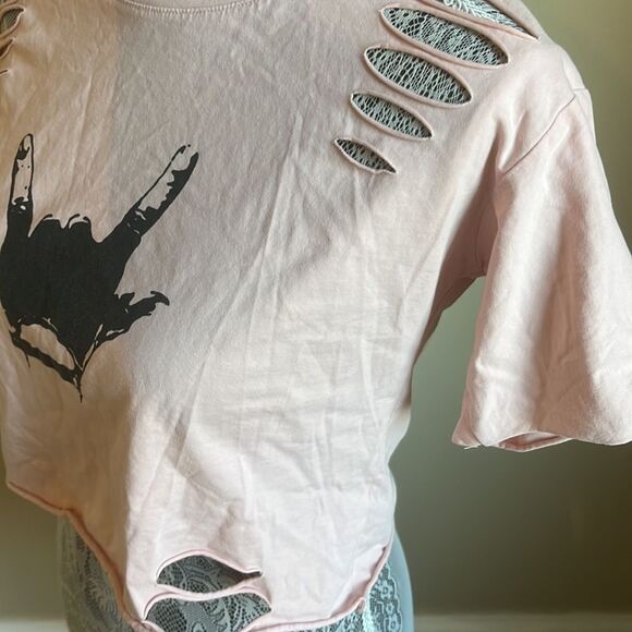 Pink Crewneck Rock On Graphic Destroyed Crop Tee Size Small - Picture 4 of 5